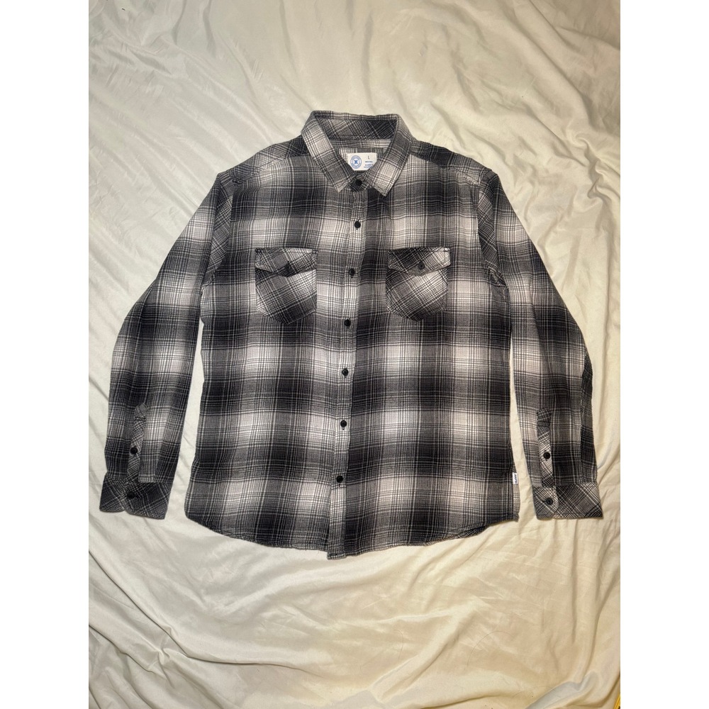 Hurley Plaid Flannel Button Down Shirt Mens Large Black‎ White Long Sleeve